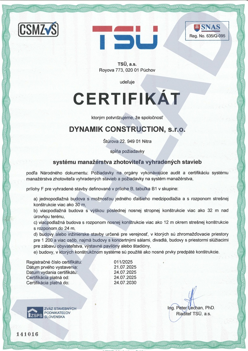 vyhradene stavby certifkat